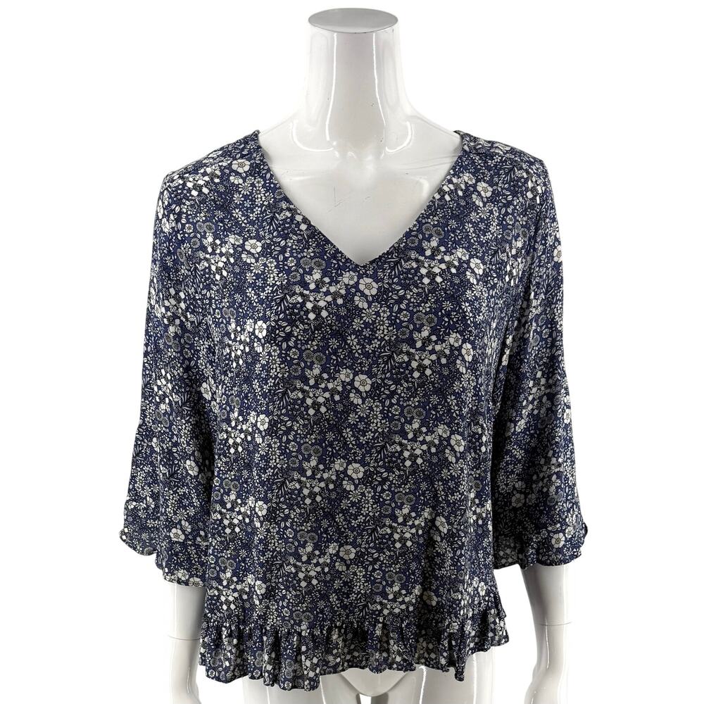 Cynthia Rowley Womens Top Size Medium Blue White Floral Ruffle Hem Blouse